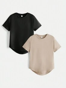 SHEIN 2 Miếng Cậu bé Tween Vòng cổ Ngắn tay Áo thun - Màu Khaki - Xem 1