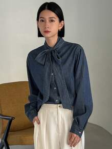 FRIFUL 女頸部繫帶牛仔上衣 - 藍色 - 查看 5