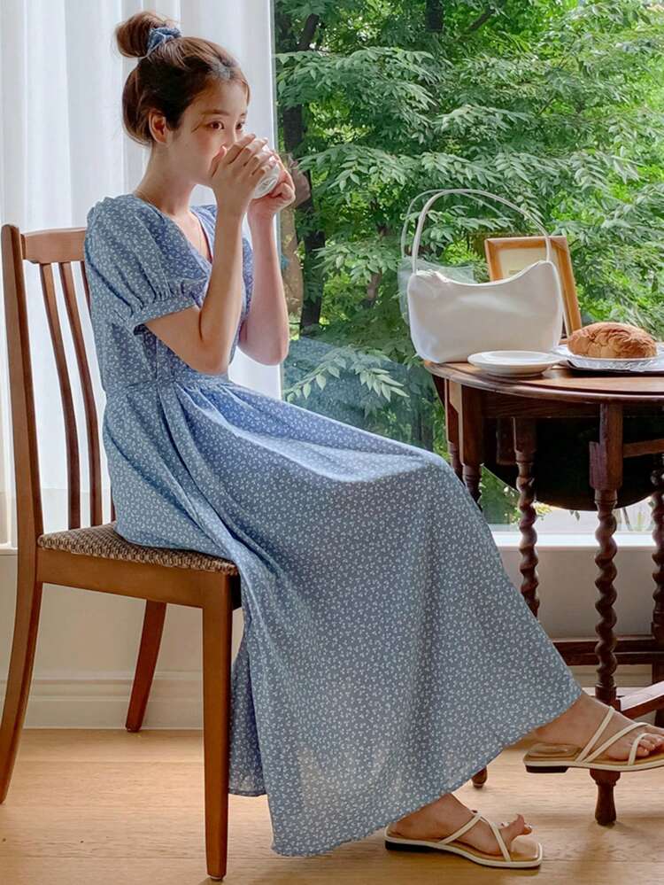 Floral Printed V-Neck Dress For Women Sundress,Casual Women Dresses