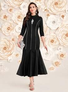 Modelyn Women's Stand Collar Ruffled Hem Dress Long Evening Dresses - Black - View 6