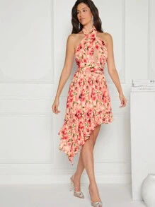 Hauture Vestido Floral Plisado Con Volantes Y Halter