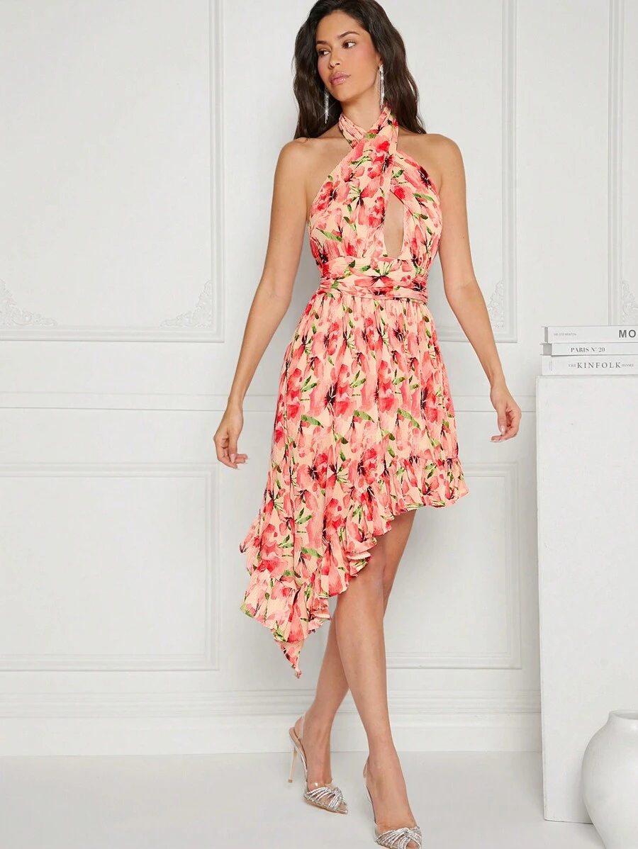 Hauture Floral Plisse Halter Ruffle Dress - Multicolor - View 1