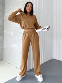 Cottnline Women'S Hooded Sweatshirt And Pants Two-Piece Set With Drawstring Waist - Camel - View 4