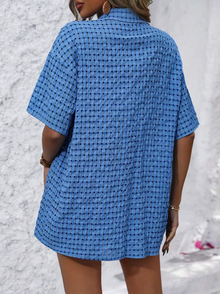 Plaid Drop Shoulder Sleeve Shirt And Shorts Set