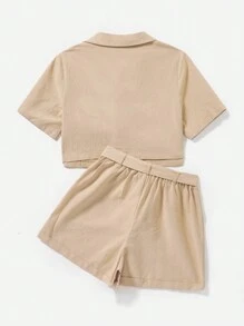 SHEIN EZwear Ladies' Khaki Color Weave Short Sleeves Suit Jacket And Shorts Set - Khaki - View 4