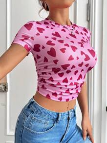 SHEIN EZwear Camiseta Ajustada De Punto Rosada Con Estampado De Corazón Para Mujeres - Multicolor - Ver 4