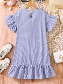 Tween Girl V-Neck Tassel Ruffled Striped Dress