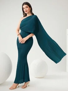 Modelyn 女士纯色鱼尾不对称领口连衣裙，优雅晚会礼服长款晚礼服 - 水鴨藍 - 查看 5