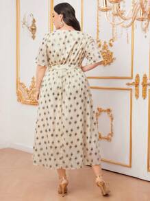 Modelyn Plus Size Leopard Print Belted Dress Long Evening Dresses - Khaki - View 2