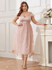 SHEIN Belle Plus Size Nữ Lưới Thêu Hoa Lãng Mạn Ngọt Ngào Công Chúa Puff Dress Tiệc Cocktail Đầm Cô Dâu - Hồng - Xem 2