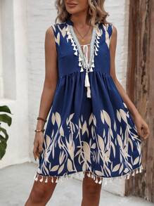 SHEIN LUNE Leaf Print V-Neck Fringed Tassel Dress - Navy Blue - View 6