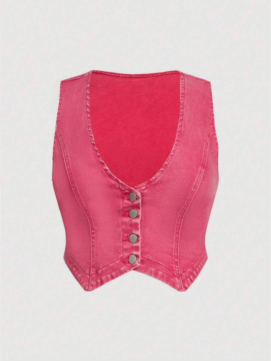 SHEIN Essnce Kích thước lớn Của phụ nữ Giải trí Không tay Gầy Denim Áo vest Với Mở Mặt trước - Hồng - Xem 1