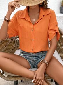 Breezaya Camisa De Manga Corta De Color Liso Con Textura, Detalle De Bolsillo Y Botones En Contraste - Naranja - Ver 3