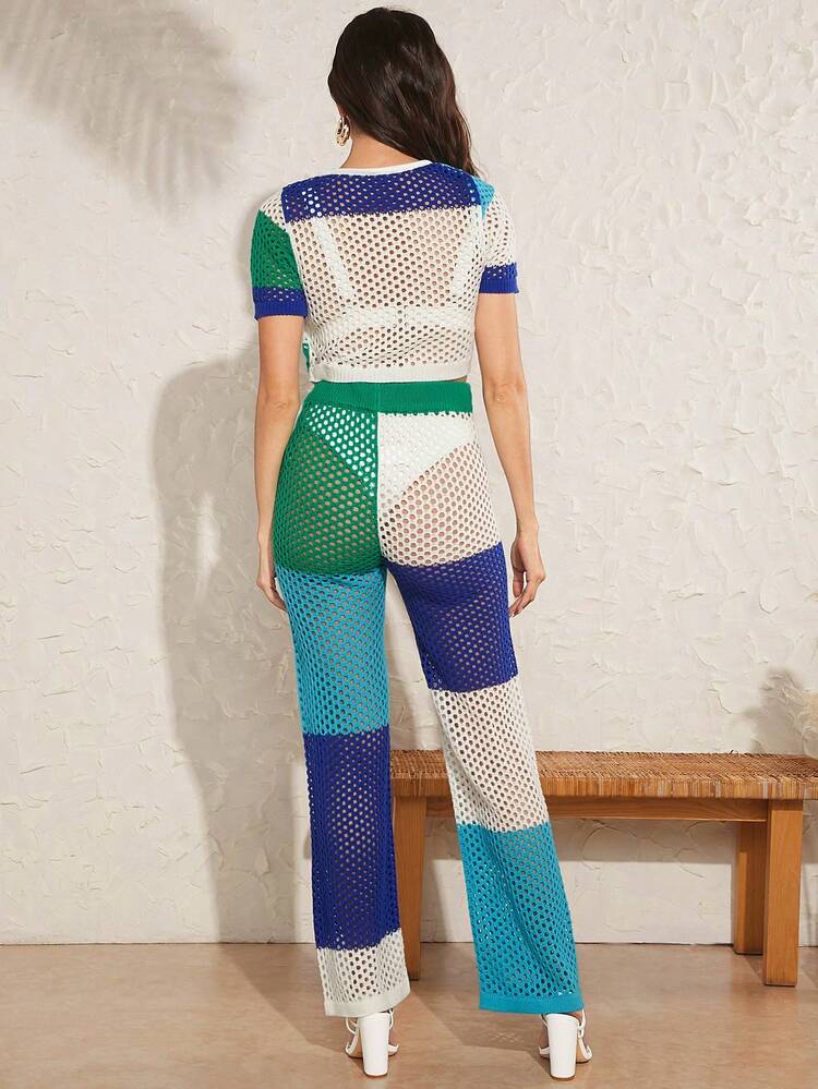 Colorblock Knit Tie Top & Pants Set