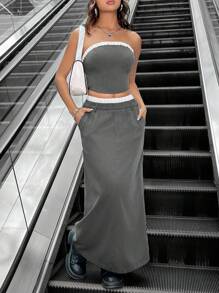 SHEIN Unity Color Block Casual Strapless Top And Skirt - Grey - View 4