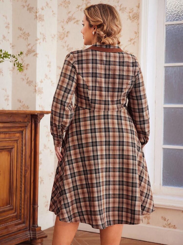 SHEIN DECDS 加大尺碼格子連衣裙復古服裝長袖單件裝 - 彩色 - 查看 2