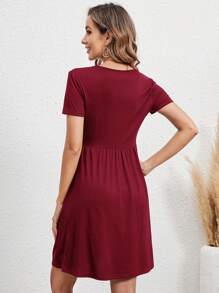 EMERY ROSE Women's Summer Red Elastic Waist Short Sleeves Dress - Burgundy - View 2