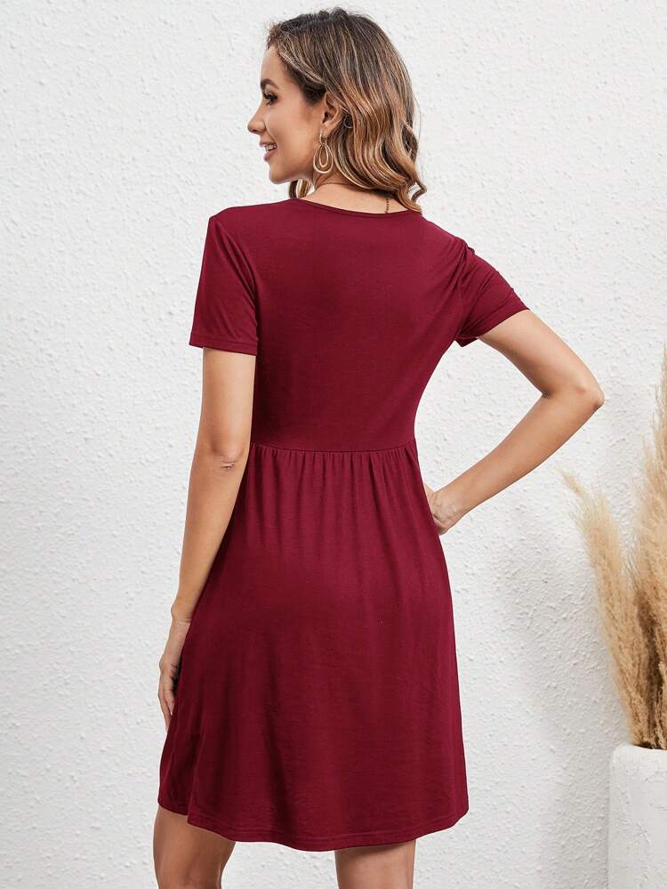 Women's Summer Red Elastic Waist Short Sleeves Dress