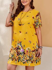 EMERY ROSE 大码女式夏季花卉印花圆领连衣裙