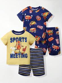 SHEIN 4入組年輕男孩短袖t卹和短褲套裝,貼身設計具卡通圖案,適用於初夏和秋季穿著 - 黃色 - 查看 1