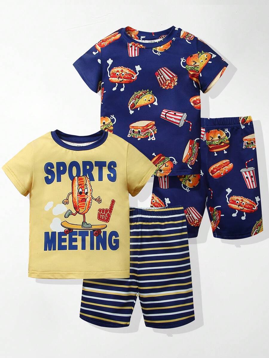 SHEIN 4入組年輕男孩短袖t卹和短褲套裝,貼身設計具卡通圖案,適用於初夏和秋季穿著 - 黃色 - 查看 1