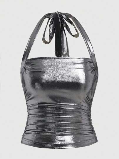 SHEIN x PRISCILA & JIMENA Women's Metallic Halter Neck Top, School