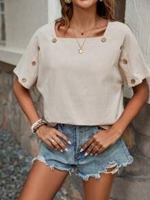 EMERY ROSE 扣飾方領短袖上衣 - 杏色 - 查看 5