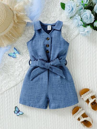 SHEIN رومبير كاجوال للأطفال البنات من خامة ناعمة وقماش له تأثير الجينز، ذو رقبة هالتر والإطلالة الأنيقة والأساسية، مناسب للاستخدام في المنزل وخارجه