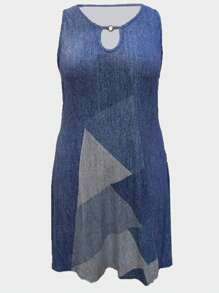 SHEIN LUNE 女款大尺碼幾何印花無袖連身裙 - 藍色 - 查看 4