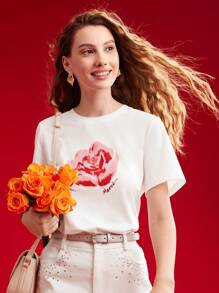 MOTF PREMIUM WOMEN'S FLORAL PRINT SHORT SLEEVE T-SHIRT,VALENTINE'S DAY,GRAPHIC TEE