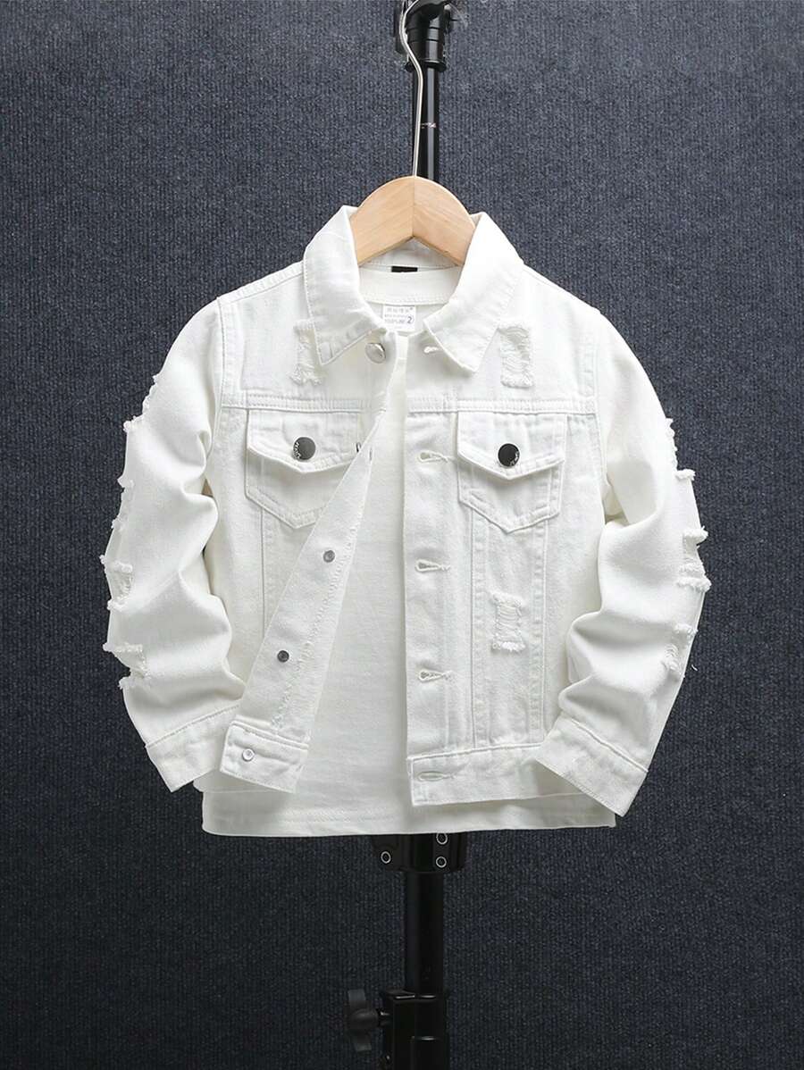 Chaqueta vaquera blanca casual rasgada para niño joven - Blanco - Ver 1