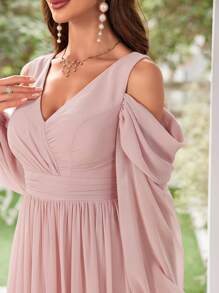 UNITHORSE 优雅纯色露肩雪纺伴娘礼服 - 粉色 - 查看 6