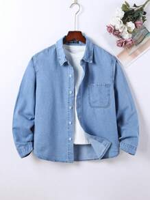 Camisa Vaquera Sencilla De Denim Lavado En Azul Claro Para Adolescentes - Lavado ligero - Ver 1