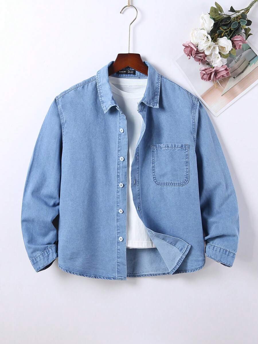 Camisa Vaquera Sencilla De Denim Lavado En Azul Claro Para Adolescentes - Lavado ligero - Ver 1