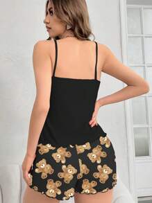 Snug Zone 熊印花吊帶上衣和短褲睡衣套裝 - 黑色 - 查看 2