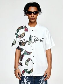 ROMWE MEN Street Life 男士美元和字母印花短袖襯衫 - 白色 - 查看 1