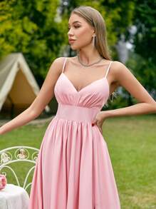 SHEIN Belle Màu thuần Cổ chữ V Hai Dây Phù dâu Với Khe Và Dây thắt lưng - Hồng - Xem 3