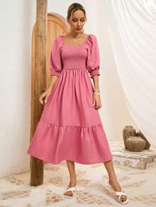 SHEIN VCAY Middle-Sleeved Puff-Sleeved Shirred Chest Dress - Pink - View 5