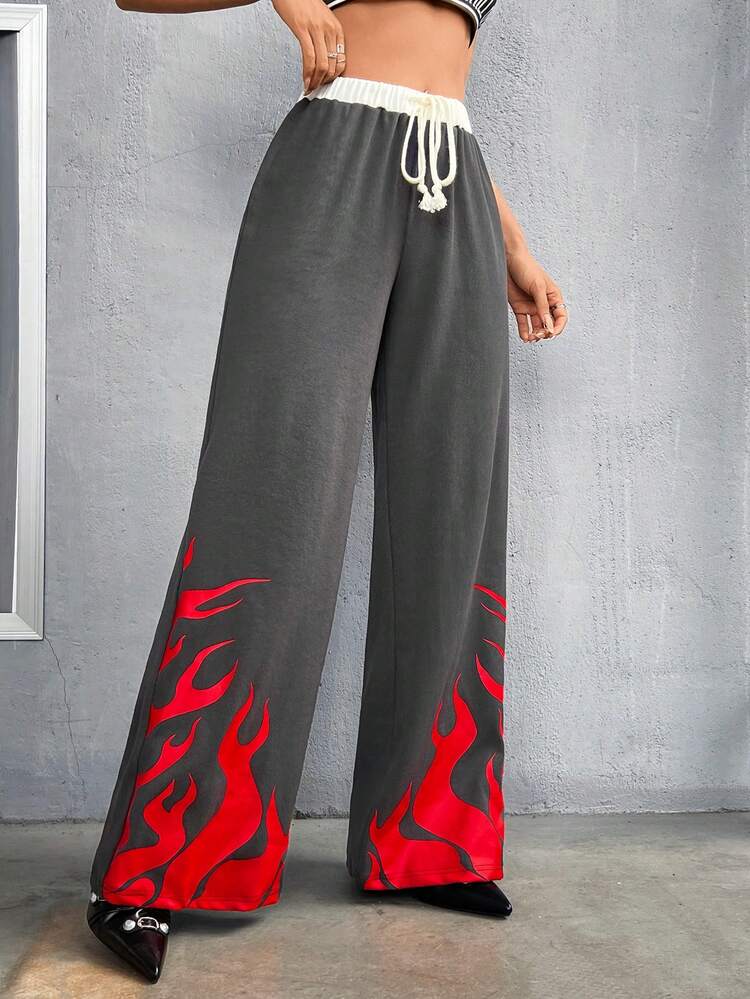 Women's Y2k Grey Drawstring Waist Flame Printed Sweatpants