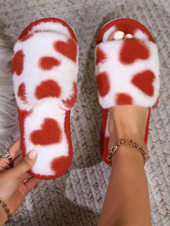 Höst/vinter Alla hjärtans dag hjärtformade öppna tånåda damer hemmatofflor, bekväma och mjuka halkfria inomhusskor med foder, jul, fluffiga tofflor, nyårskläder