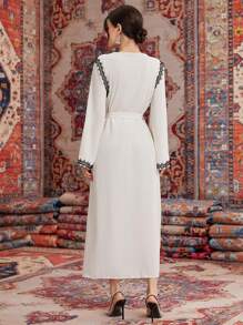 Al Najma Women'S V-Neck Long Sleeve Belted Dress - Beige - View 2