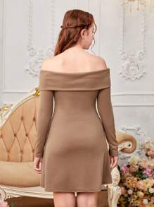 SHEIN Teen Girls' Knitted Ribbed Twist Front Off Shoulder Solid Color Dress