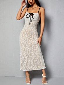 SHEIN PETITE Vestido De Tirantes De Encaje Para Mujer - Beis - Ver 7