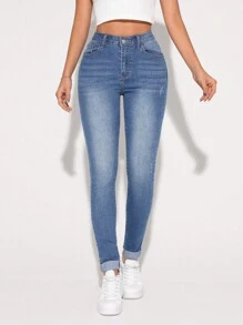 SHEIN Tall 女士緊身牛仔褲 - 中等水洗藍 - 查看 5