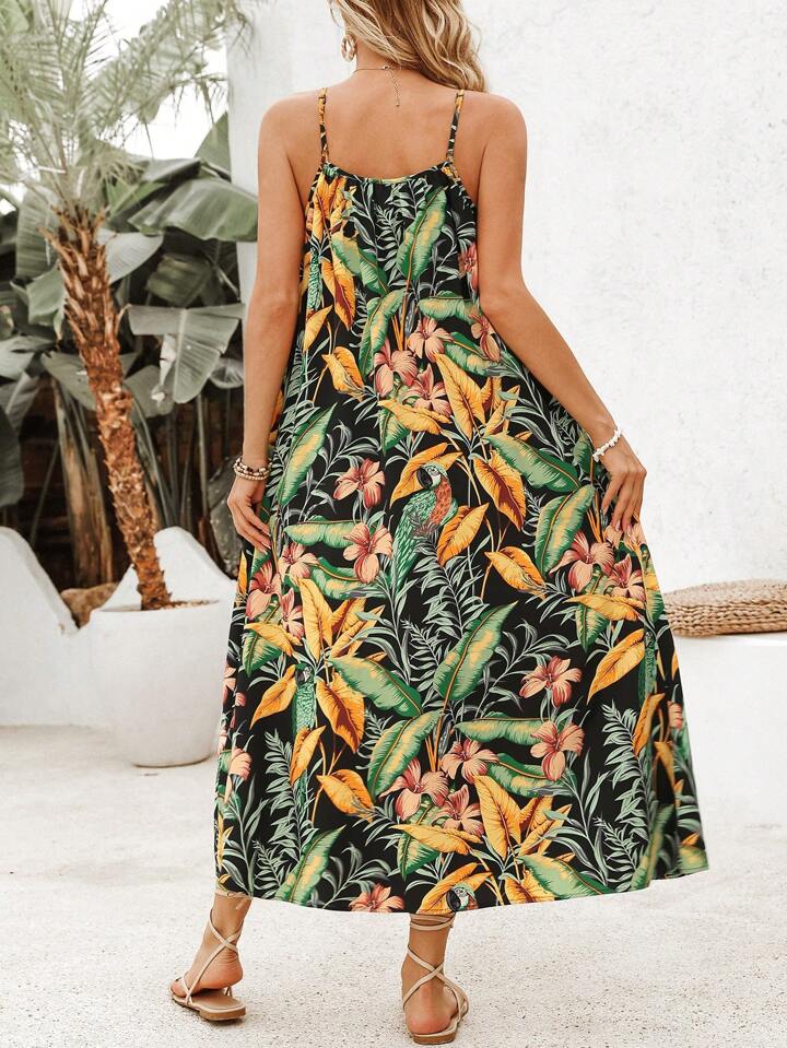 SHEIN VCAY Women S Vacation Plant Pattern Printed Spaghetti Strap One Piece Summer Beach Maxi Dress for Sale Australia New Collection Online SHEIN Australia