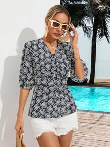 Aveloria Embroidered Short Sleeve Lantern Sleeve Blouse - Black - View 4