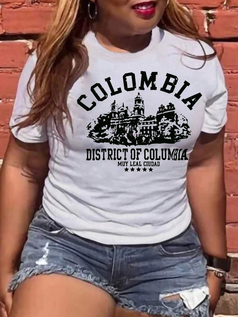 Flirla Plus Size Women'S Slogan Printed Short Sleeve T-Shirt - White - View 1