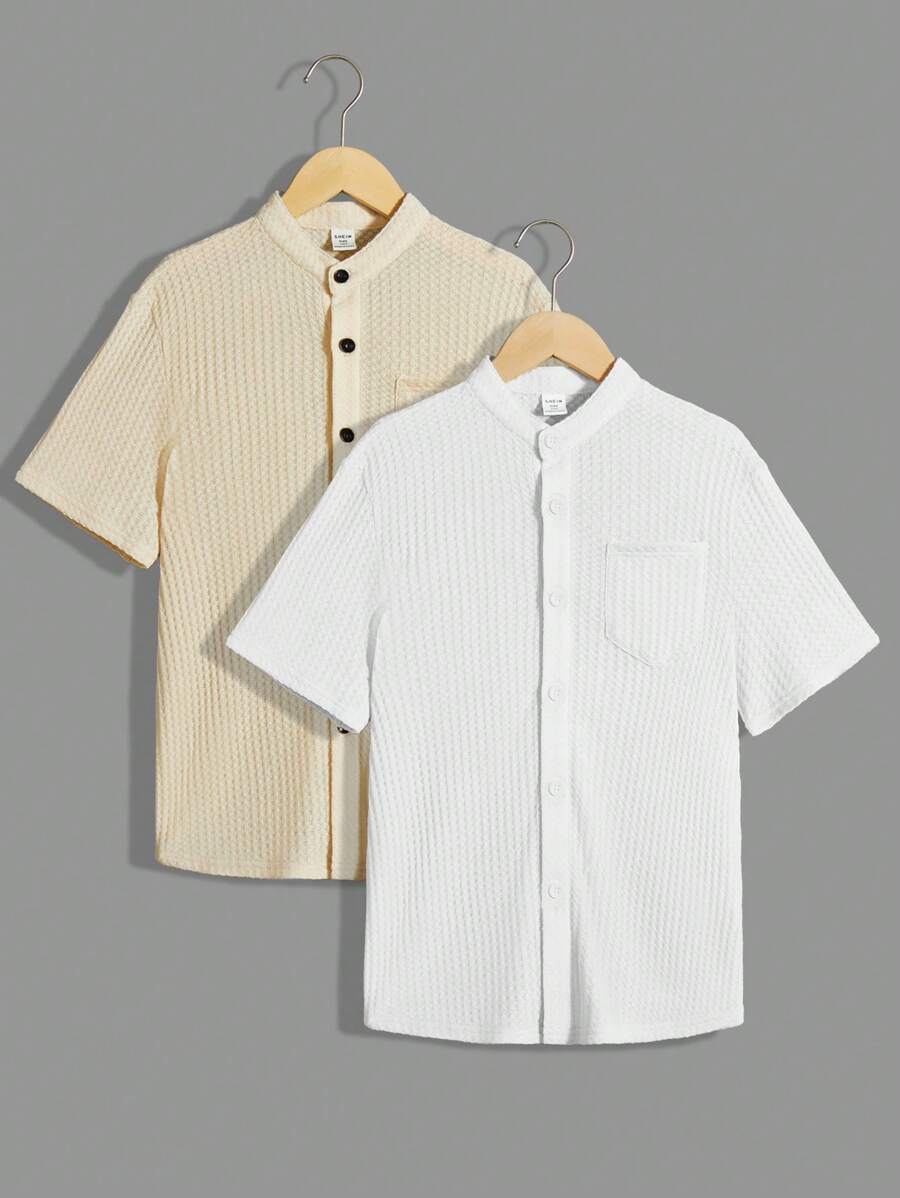 SHEIN 2pcs/Set Tween Boy's Casual Solid Stand Collar Short Sleeve Shirt - Multicolor - View 1
