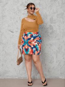 SHEIN Privé 大尺碼立領鏤空長袖t卹 - 卡其色 - 查看 4