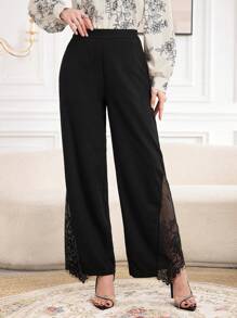 Modelyn Pantalones Anchos Casuales De Color Sólido Con Encaje